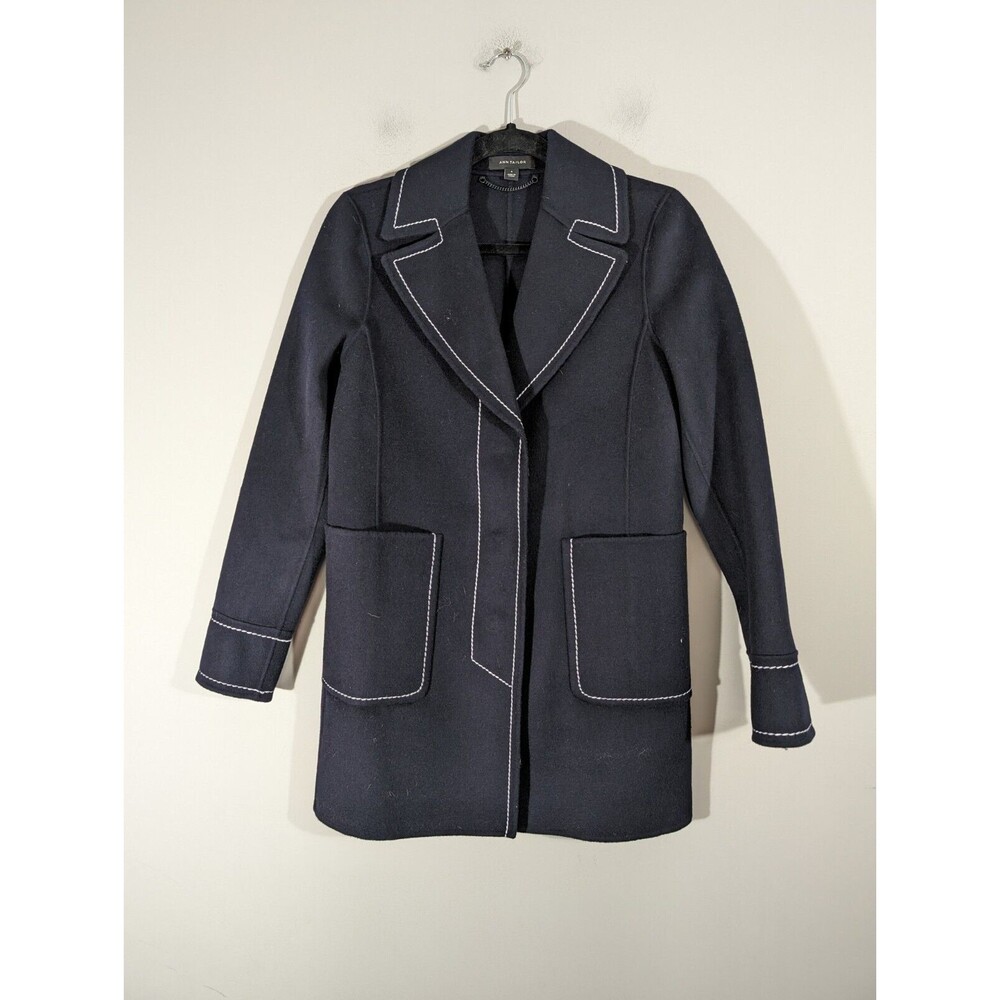 Ann‎ Taylor Coat Women Size Small Navy Blue Wool Blend Contrast Stitch Classic